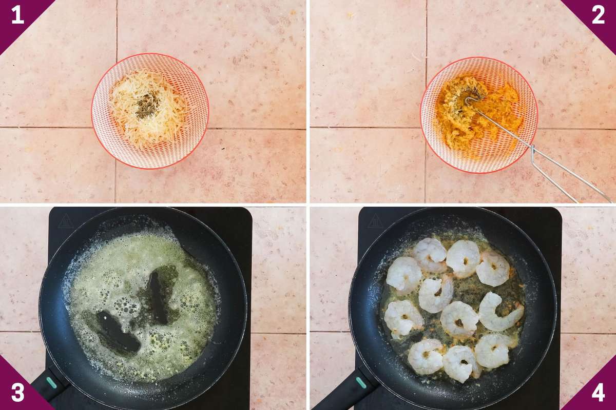 Collage showing how to make shrimp carbonara.