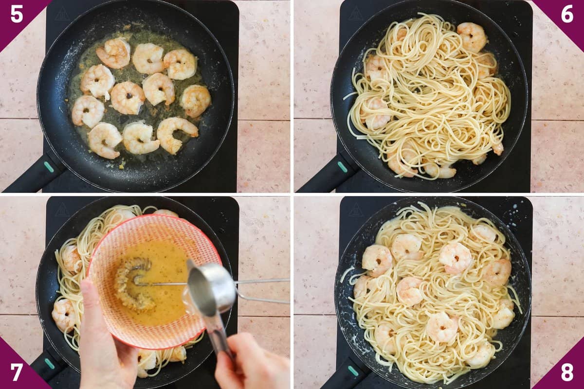 Collage showing how to make shrimp carbonara.