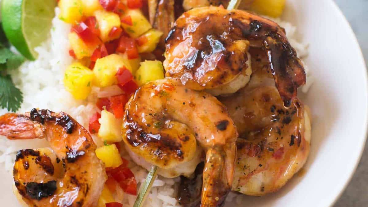 Grilled shrimp with sweet chili sauce.
