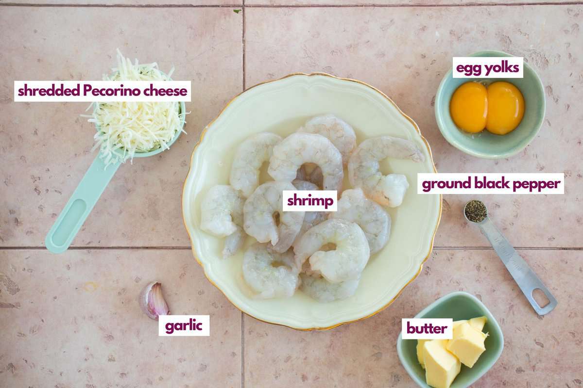 Ingredients for shrimp carbonara.