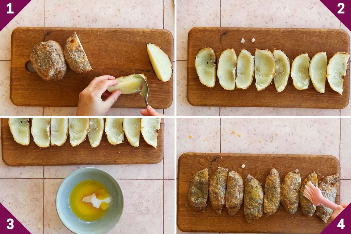 Collage showing how to make air fryer potato skins.