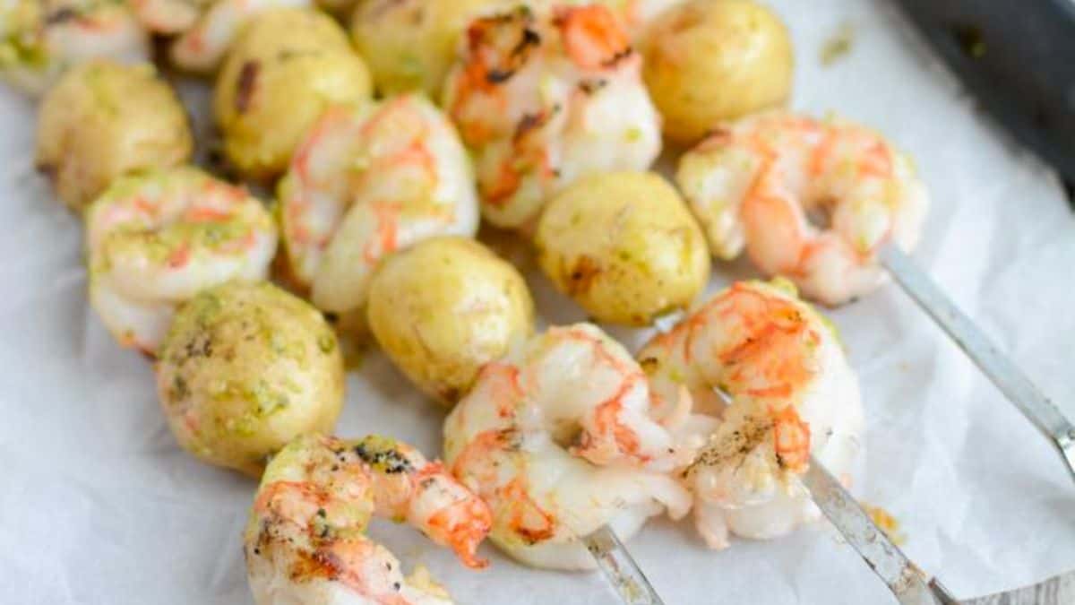 Pesto Shrimp and Potato Kebabs