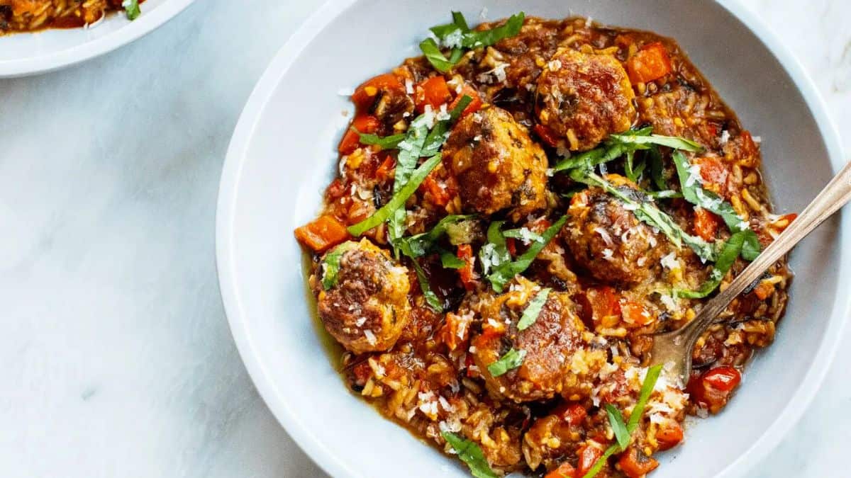 Basil-Parmesan Turkey Meatballs with Stewed Tomatoes and Rice