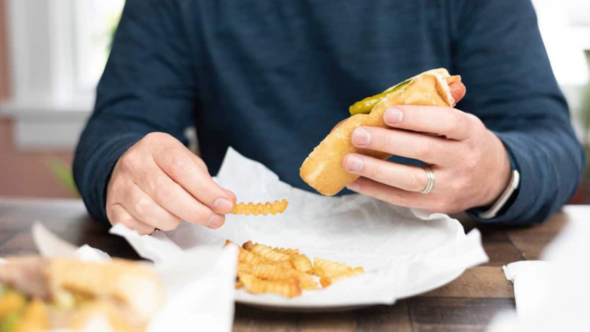 Closeup of a man eating a Chicago style hotdog with everything and french fries at home - takeout food delivery