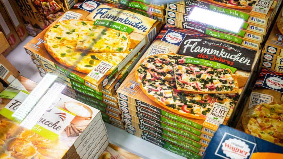 Ready-made pizzas in a freezer