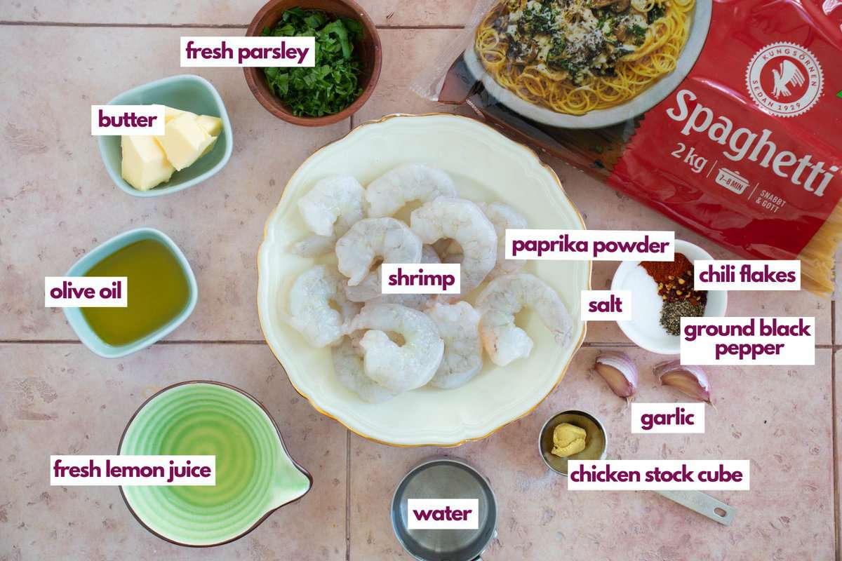Ingredients for garlic butter shrimp pasta.
