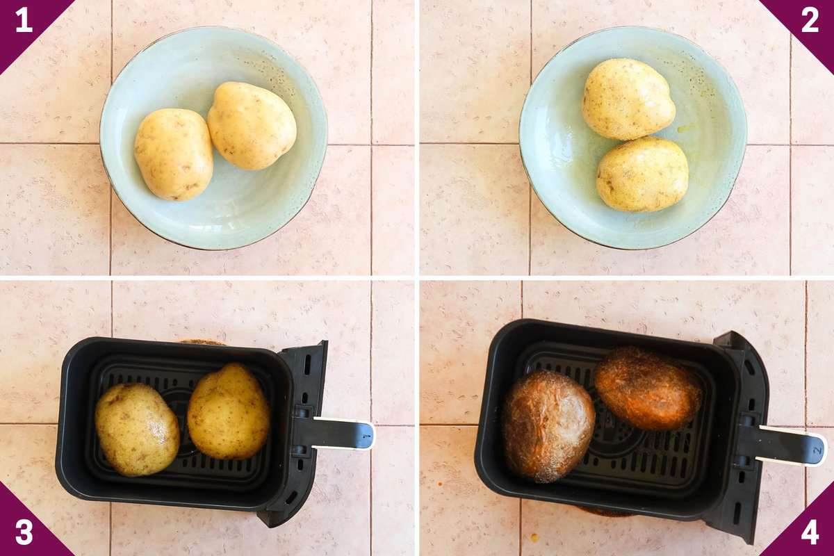 Colalge showing how to cook baked potatoes in air fryer.