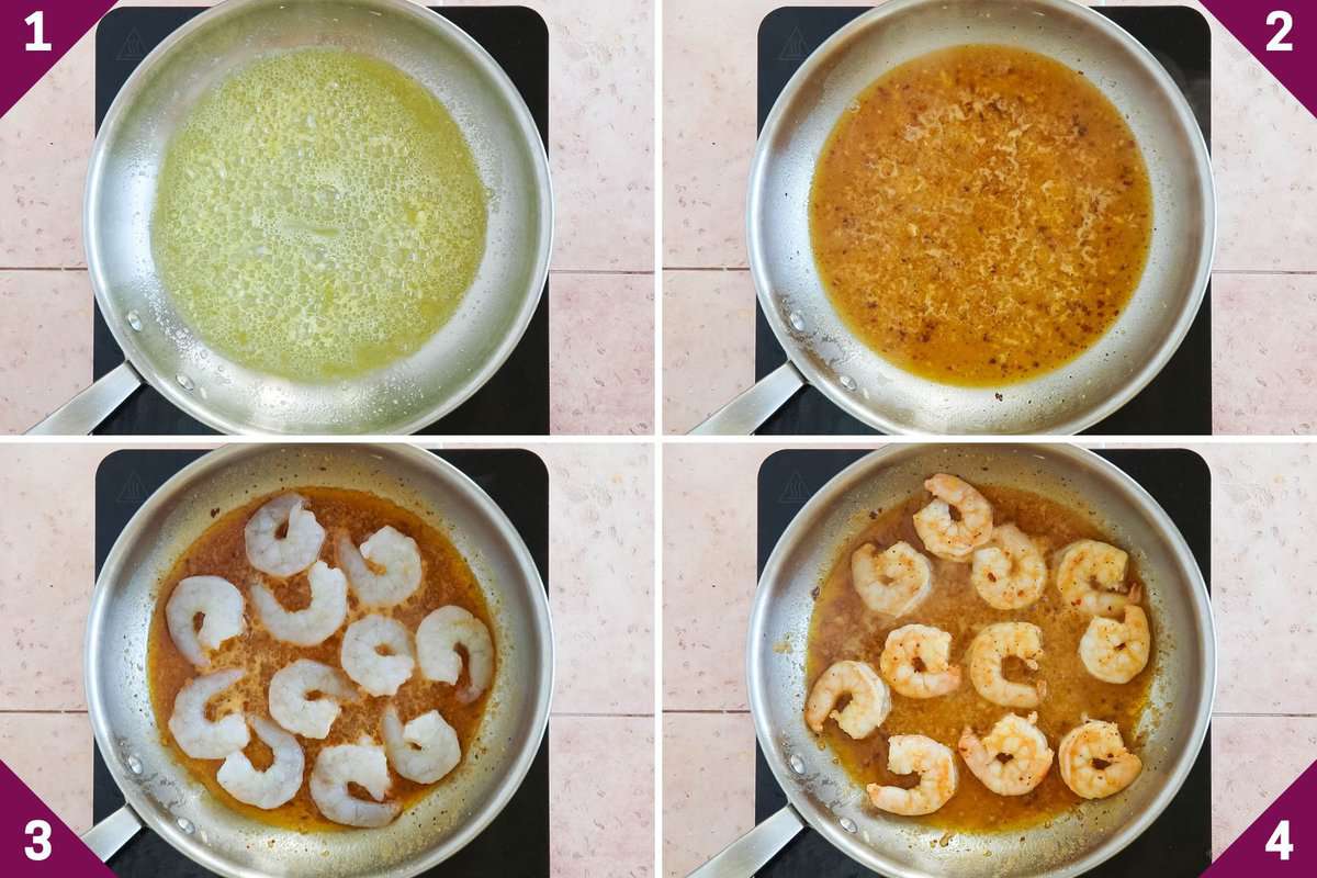 Collage showing how to make Garlic butter shrimp pasta.