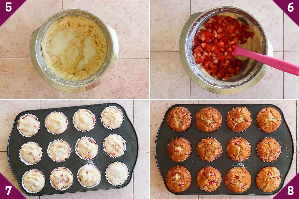 Collage showing how to make strawberry muffins.