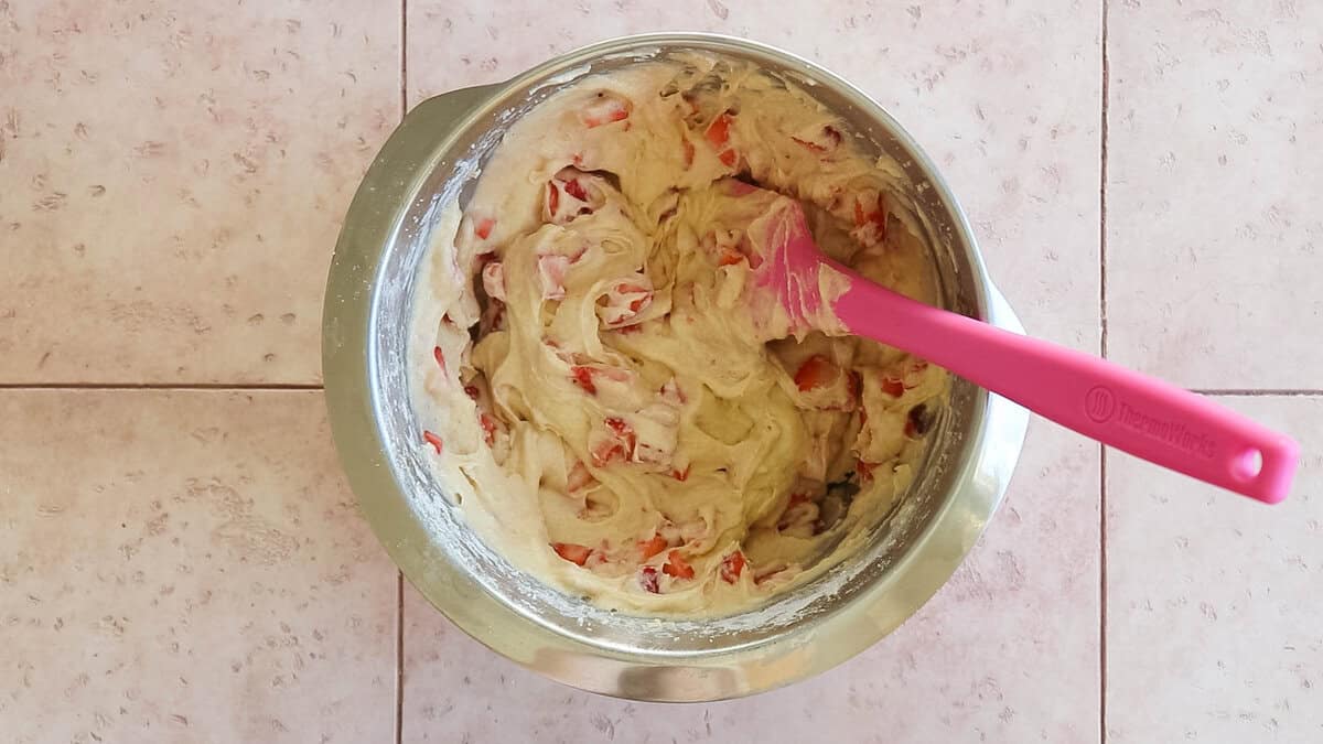 Batter for strawberry muffins after adding in chopped strawberries.