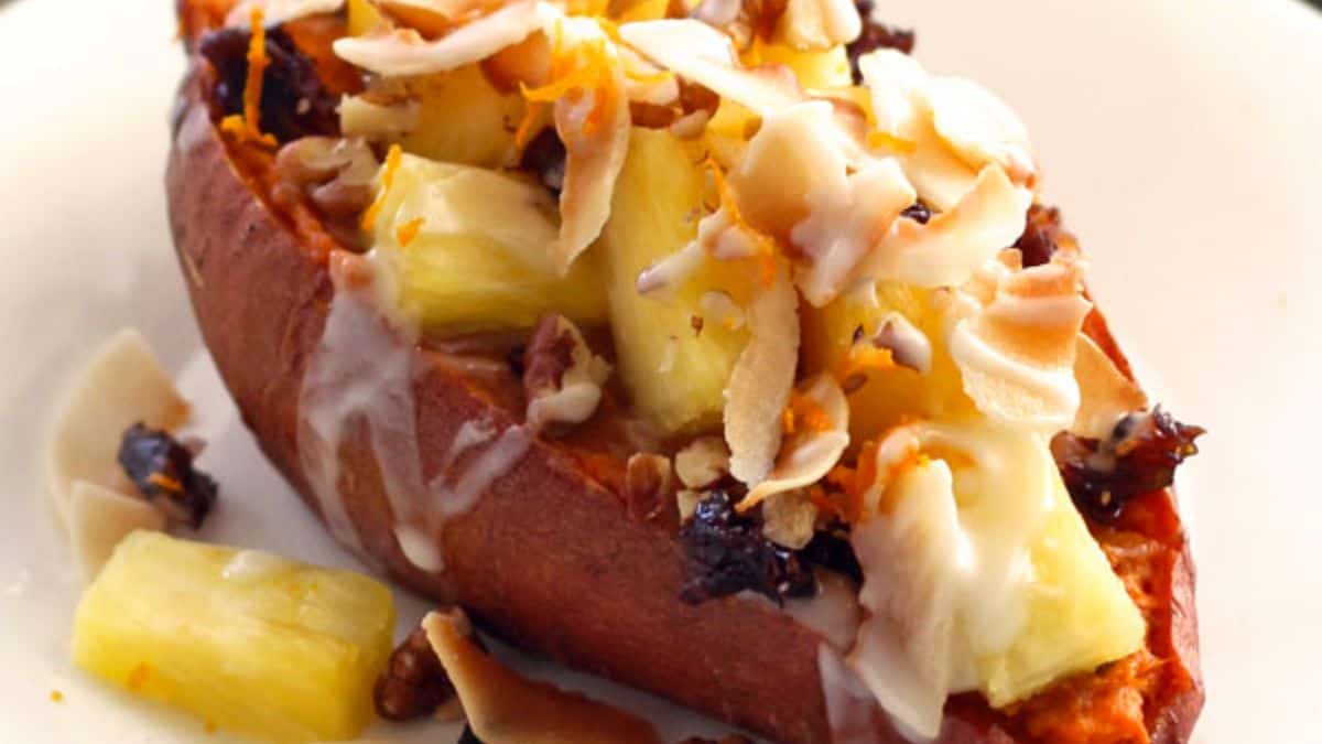Vegan Twice-Baked Sweet Potatoes with Pineapple and Coconut