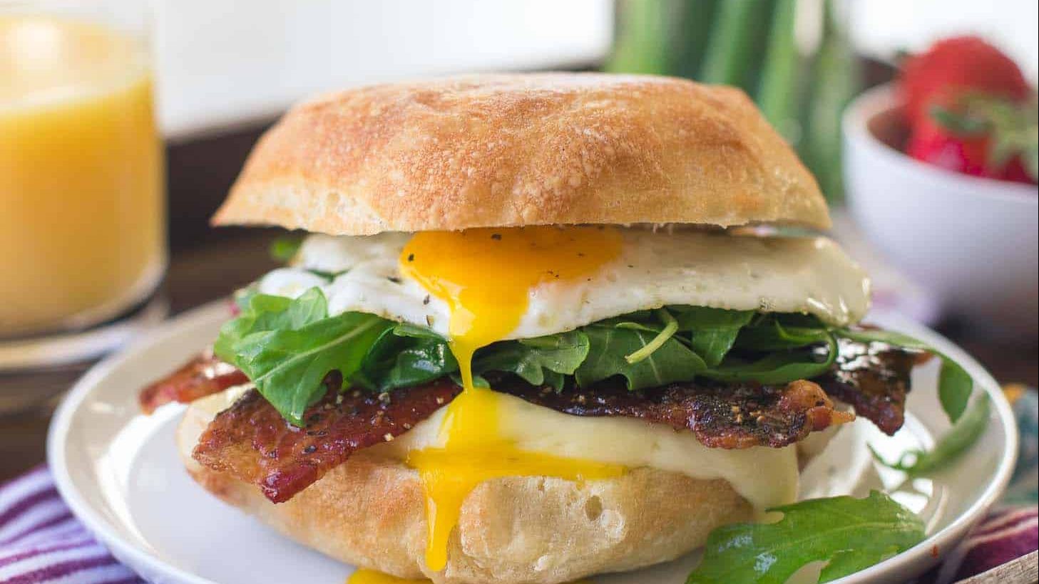 Arugula Breakfast Sandwich with Strawberry Glazed Bacon