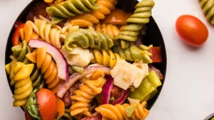 A bowl of smoked Italian pasta salad.