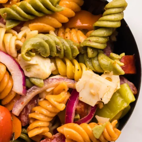 A bowl of smoked Italian pasta salad.