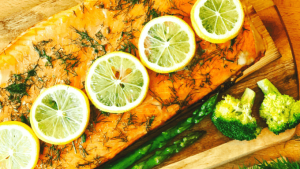 Grilled trout topped with citrus.