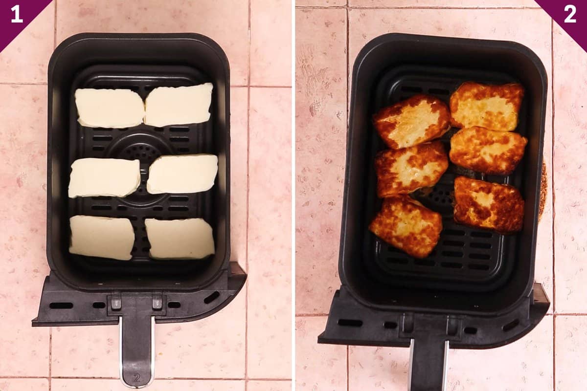 Collage showing halloumi slices in air fryer before and after air frying.