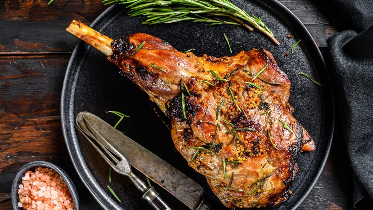 A cooked leg of lamb.