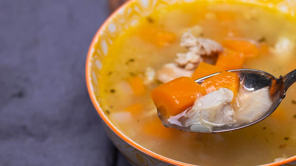 A bowl of Instant Pot Turkey Soup.