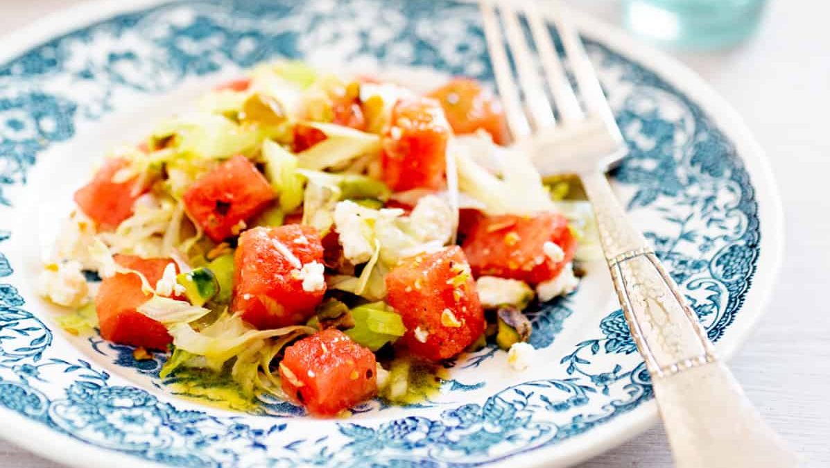 A plate of watermelon feta salad.