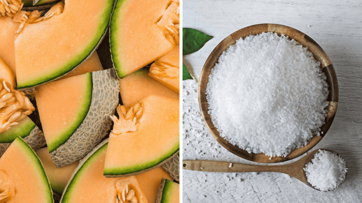 A collage showing cantaloupe and salt.