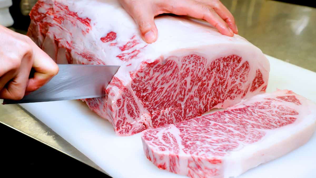 A person slicing a marbled wagyu beef.