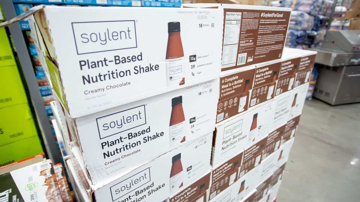 Boxes of Soylent nutrition shakes.