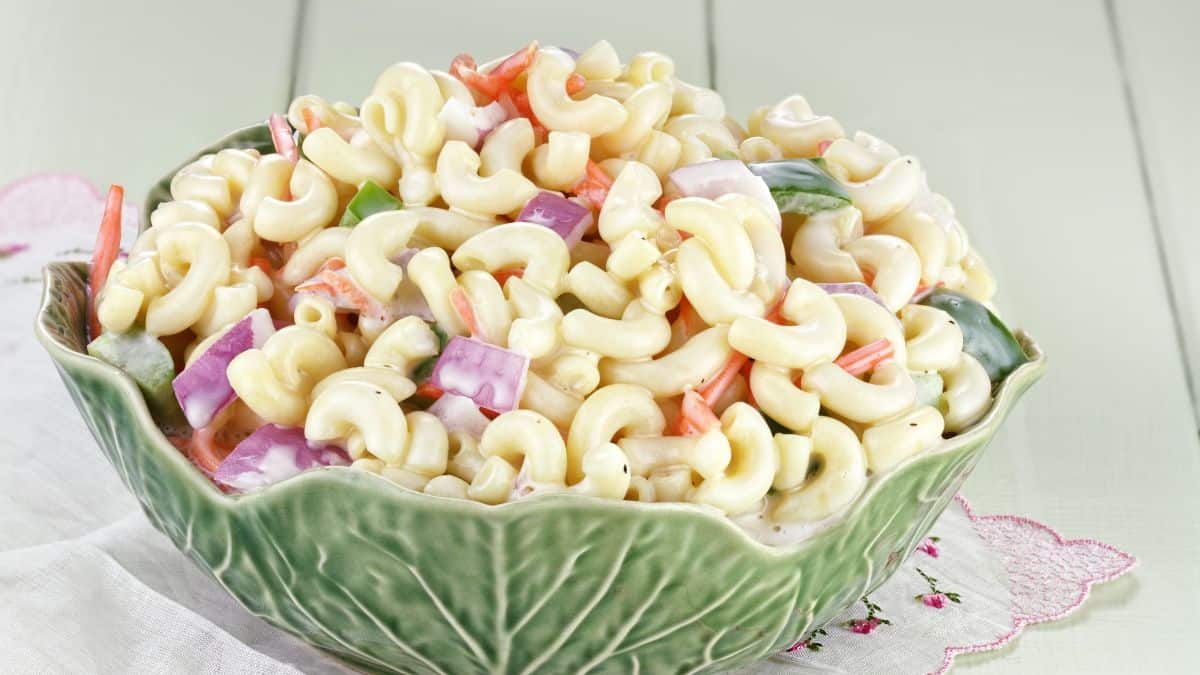 A bowl of macaroni salad.