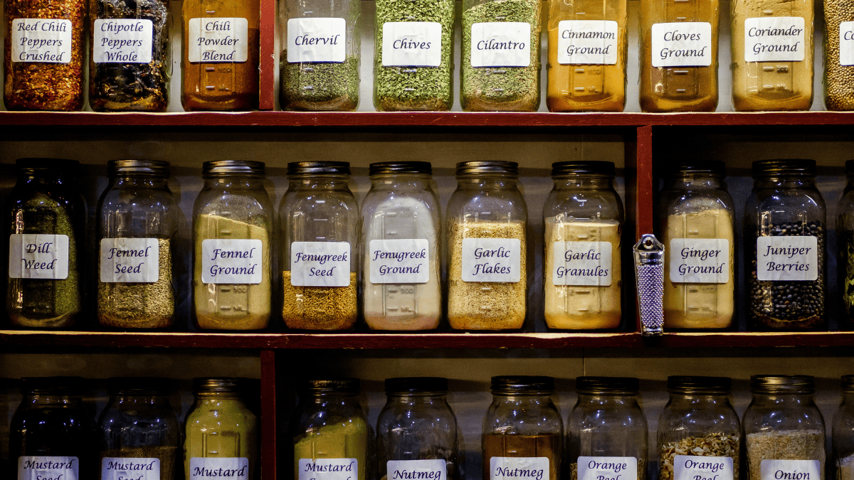 Spice rack with labeled spices.