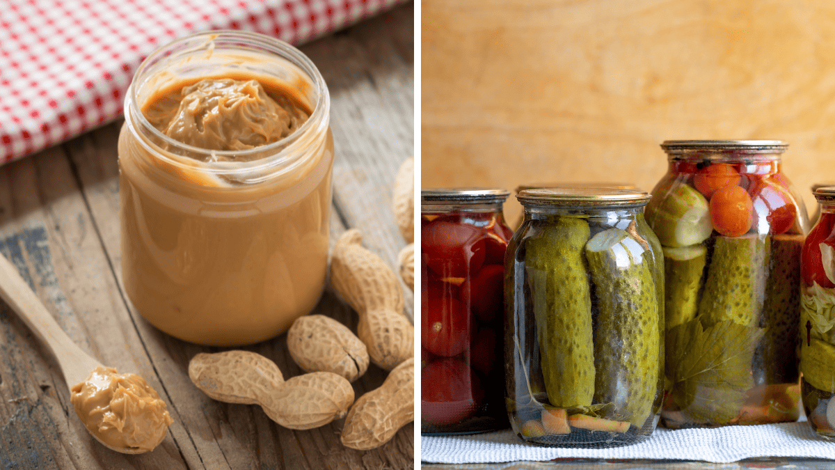 A collage showing peanut butter and jars of pickles.