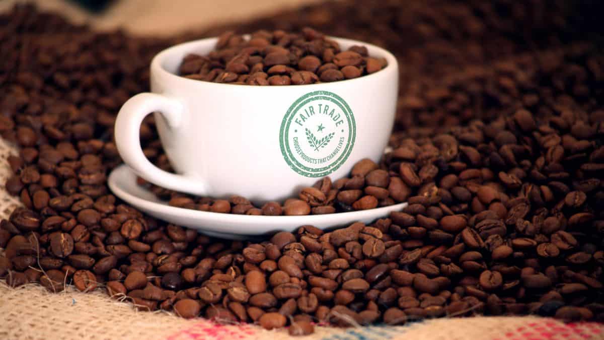 A coffee cup filled with coffee beans.