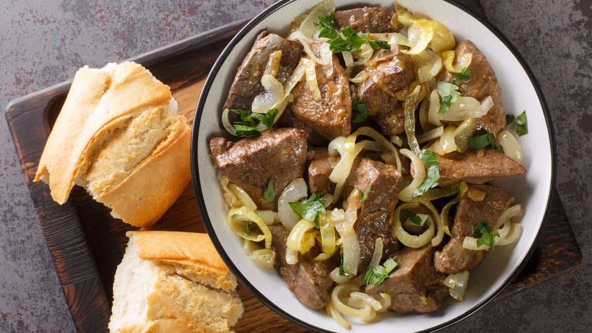 A plate of liver with onions.
