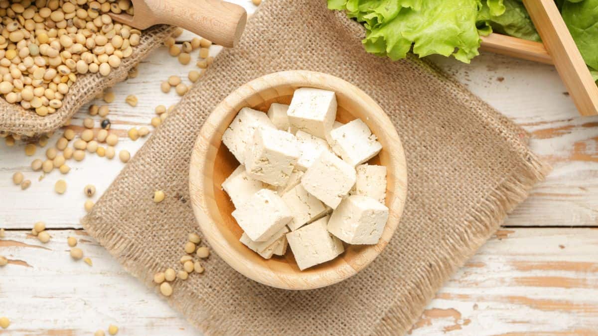 A bowl of diced tofu.