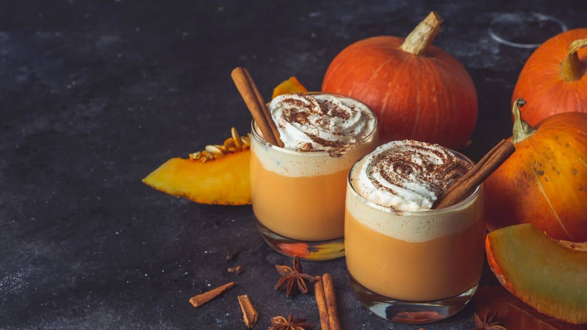 Two glasses of pumpkin latte next to some pumpkins.