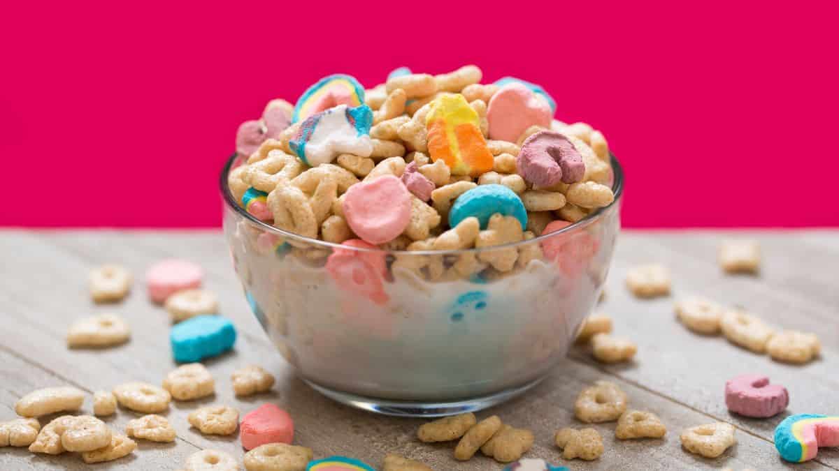 A bowl of cereal with marshmallows.