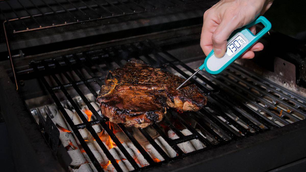 A person using a meat thermometer to testa piece of meat on a grill.