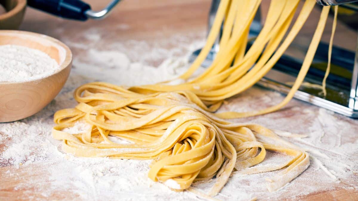 Homemade pasta on a kitchen surface.