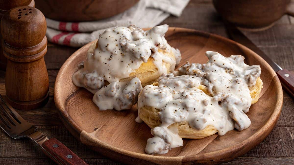 A plate with biscuits and gravy.