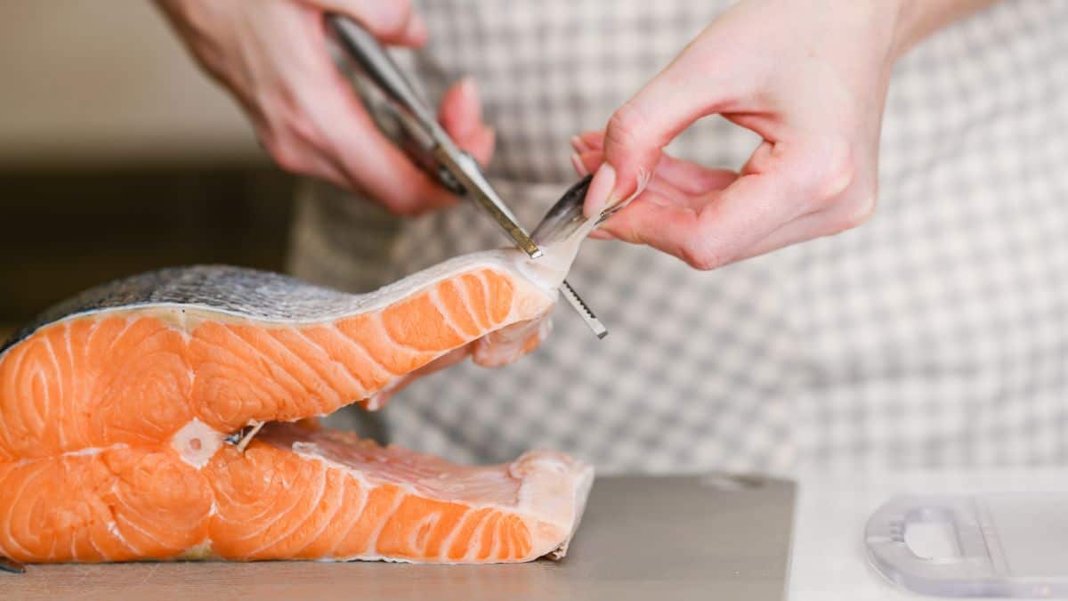 A person cutting fins of a piece of salmon.