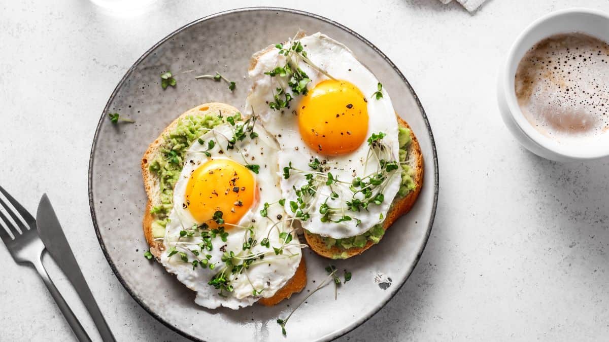 Two toasts topped with fried eggs.