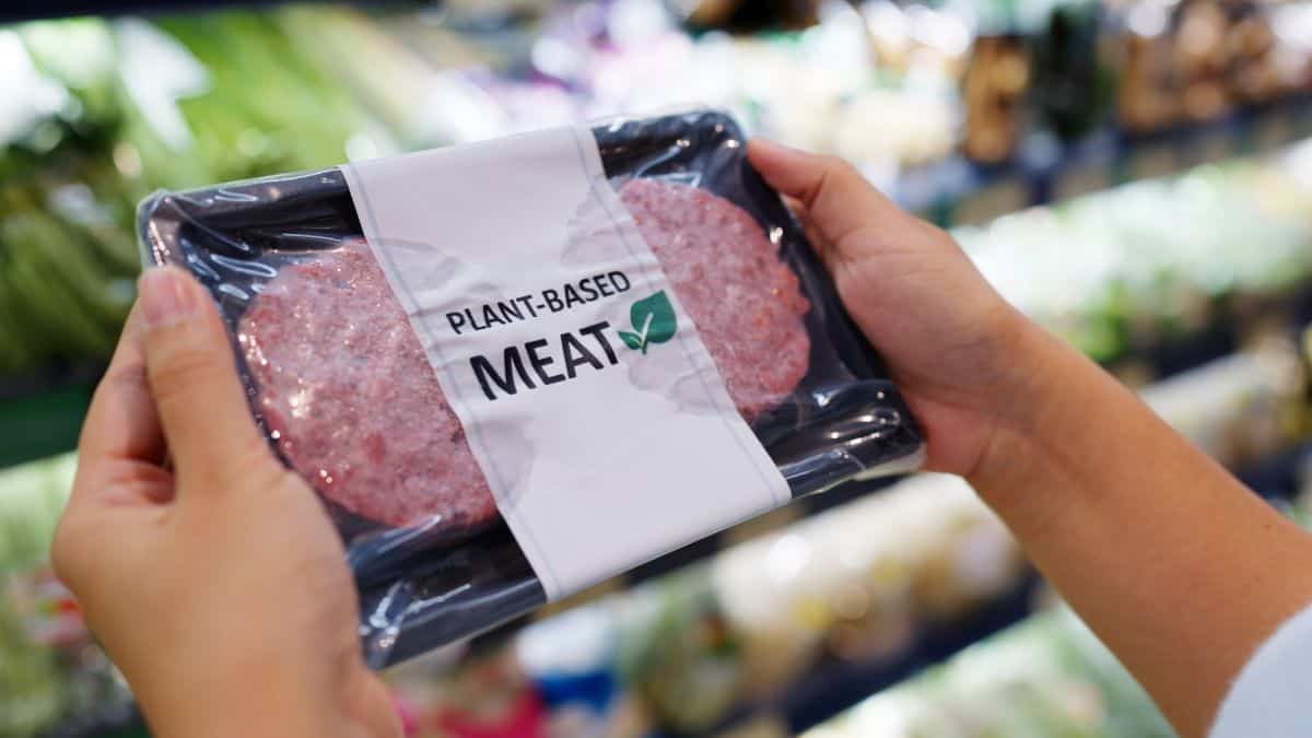 A person holding a container of plant based meat.