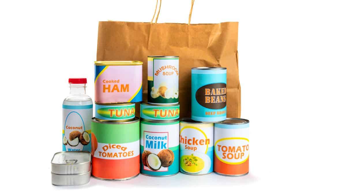 A stack of generic groceries.