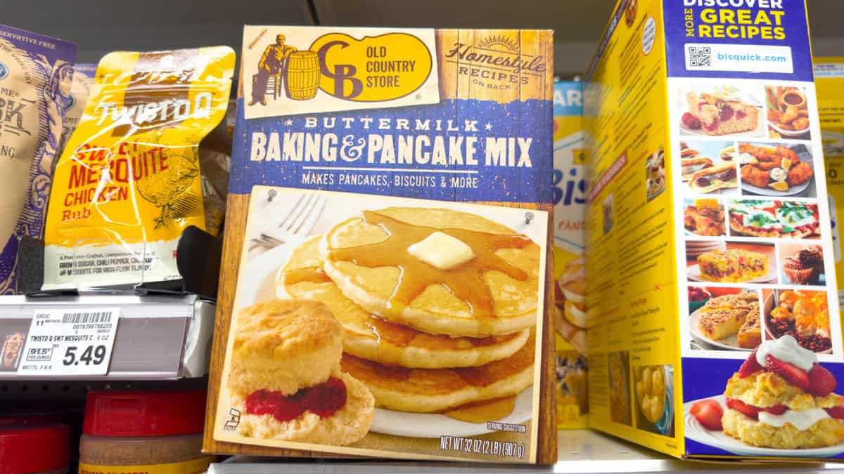 A baking mix on a shelf in a store.
