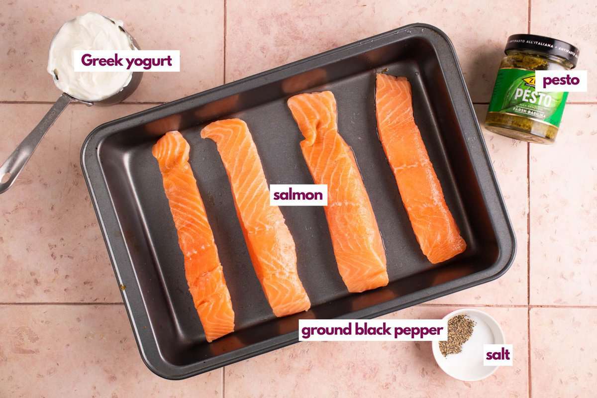 Ingredients needed to make pesto salmon.
