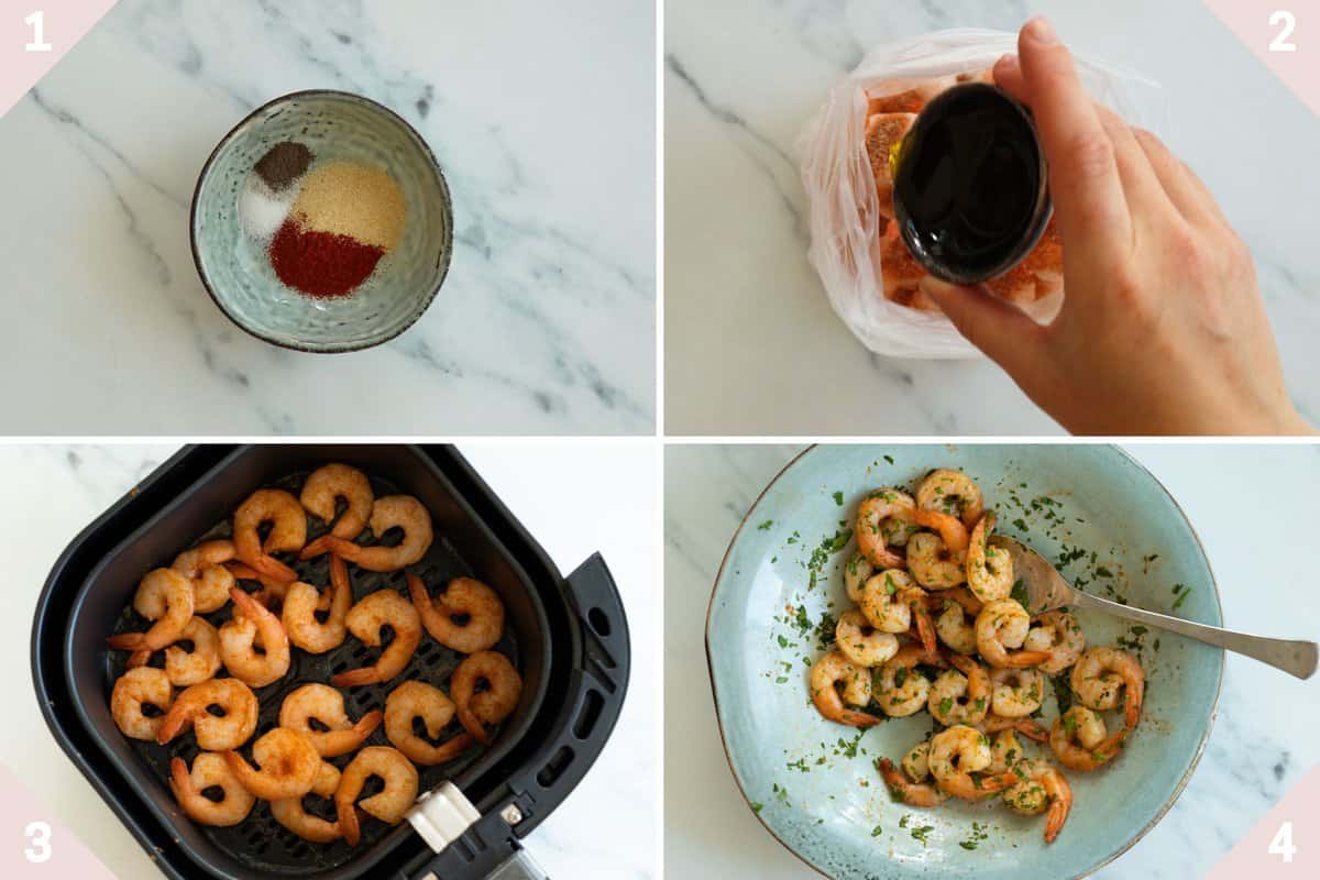 Collage showing how to cook pre cooked shrimp in air fryer.