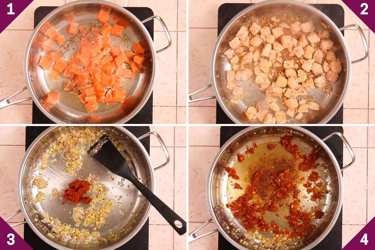 Collage showing how to make thai salmon curry.