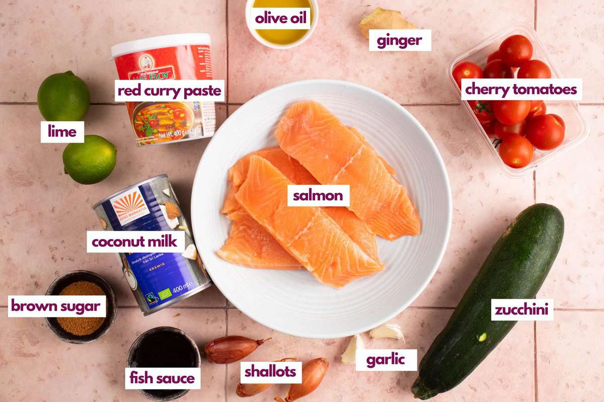Ingredients needed to make thai salmon curry.