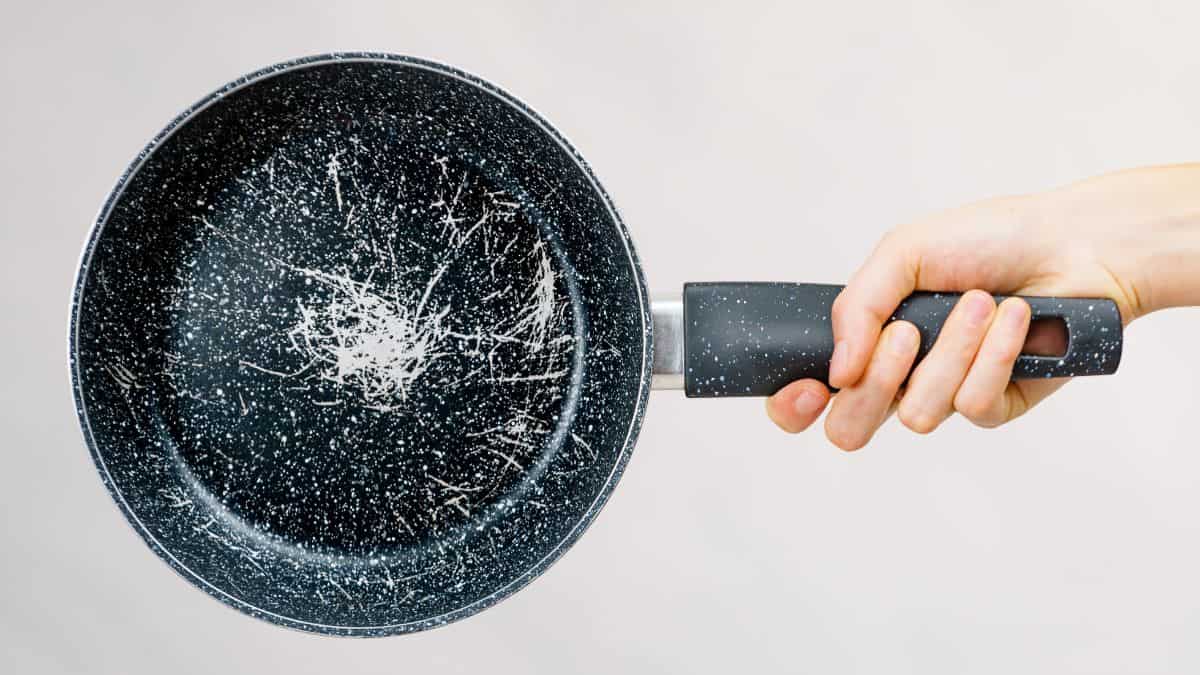 A scratched non stick pan.