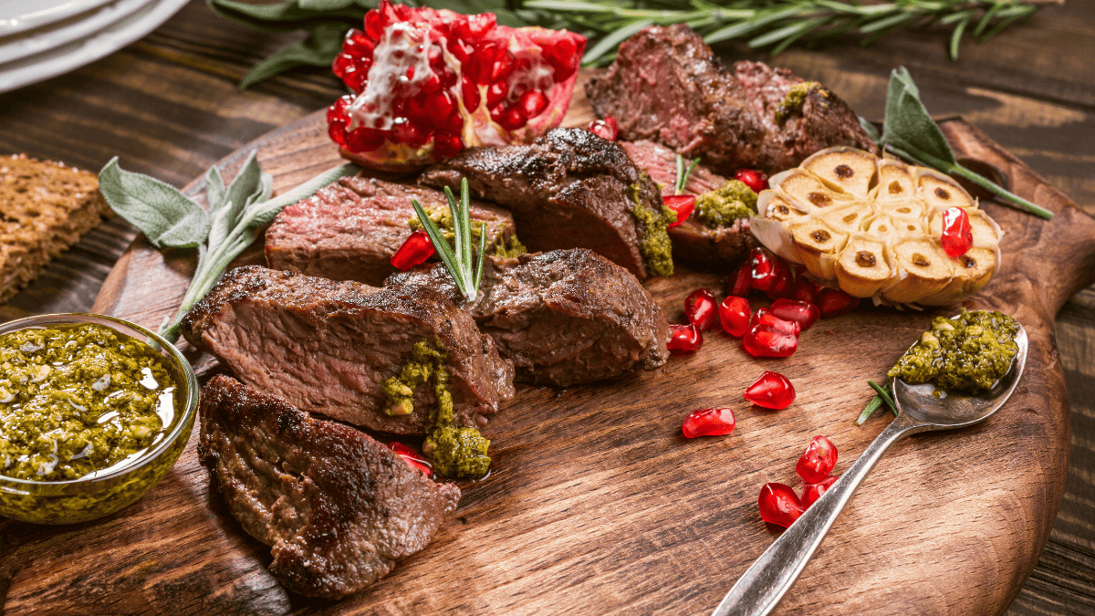 Sliced kangaroo steak.