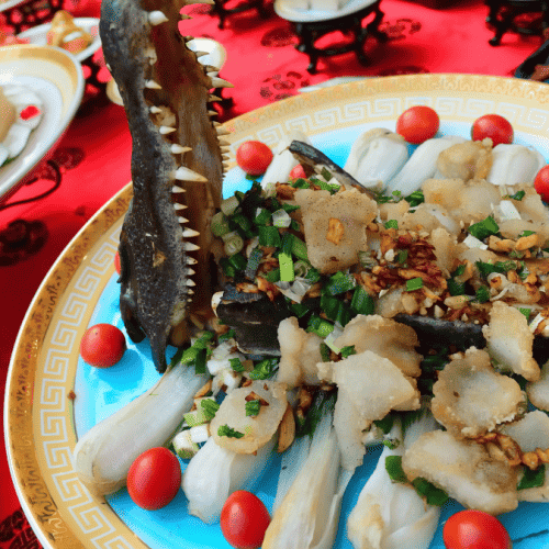 A plate of crocodile meat.