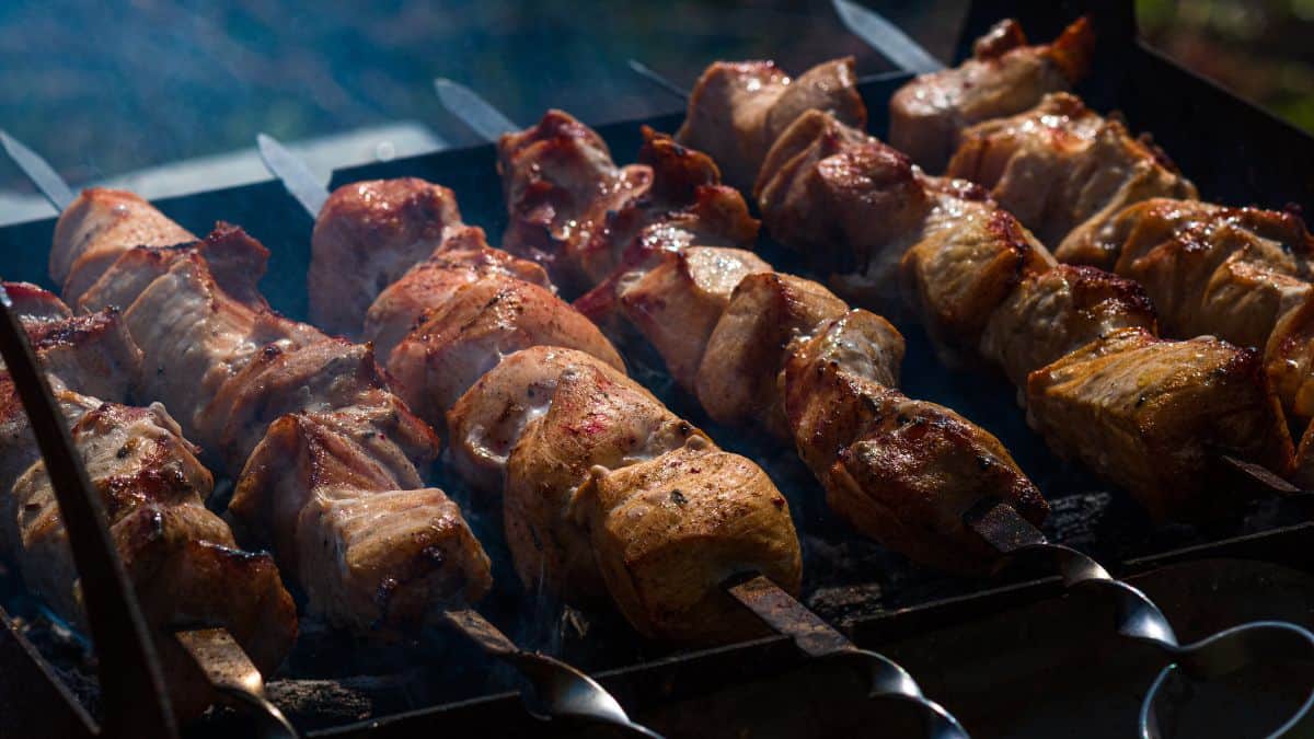 Shish kebab on a grill.